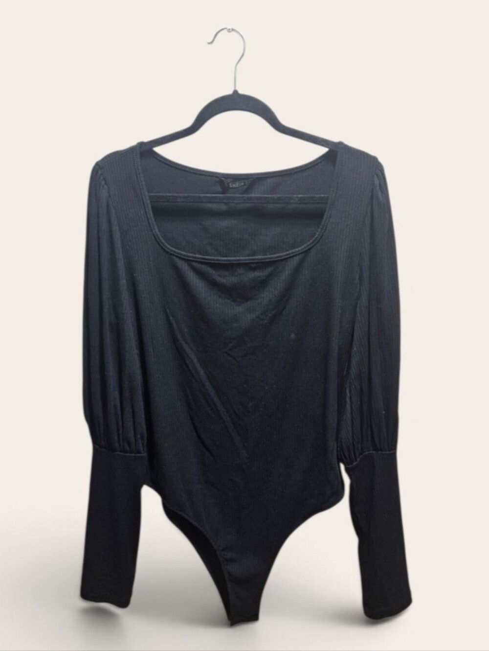 SHEIN Black Ribbed Square Neck Long Puff Sleeve Bodysuit - Size XL